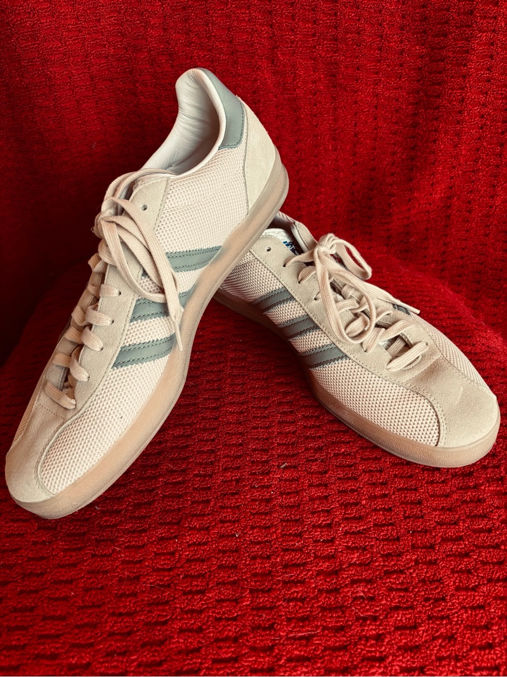 Men's tan Adidas Gazelle Mesh Casual Sneakers with Green Stripes